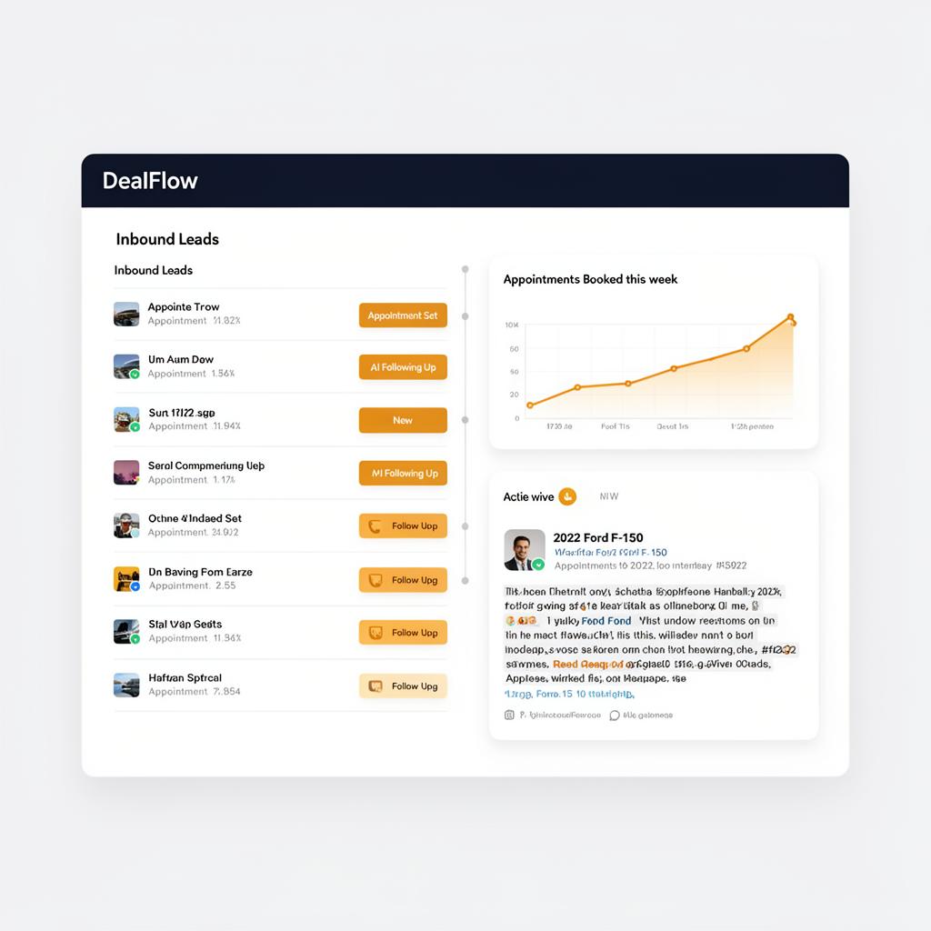 FloorStream CRM dashboard showing inbound leads, appointment booking chart, and an active AI phone call transcript